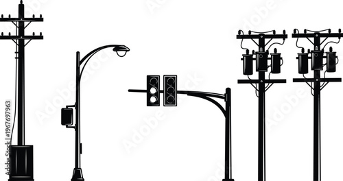 WebSilhouettes of utility poles, streetlight poles, and traffic light structures with transformers, insulators, and electrical equipment representing urban infrastructure and power 
