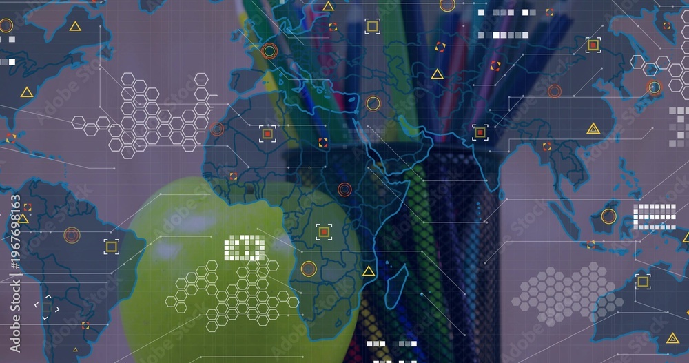 Naklejka premium Displaying stylized world map at map center, showing grid, hex clusters, node markers, green blob
