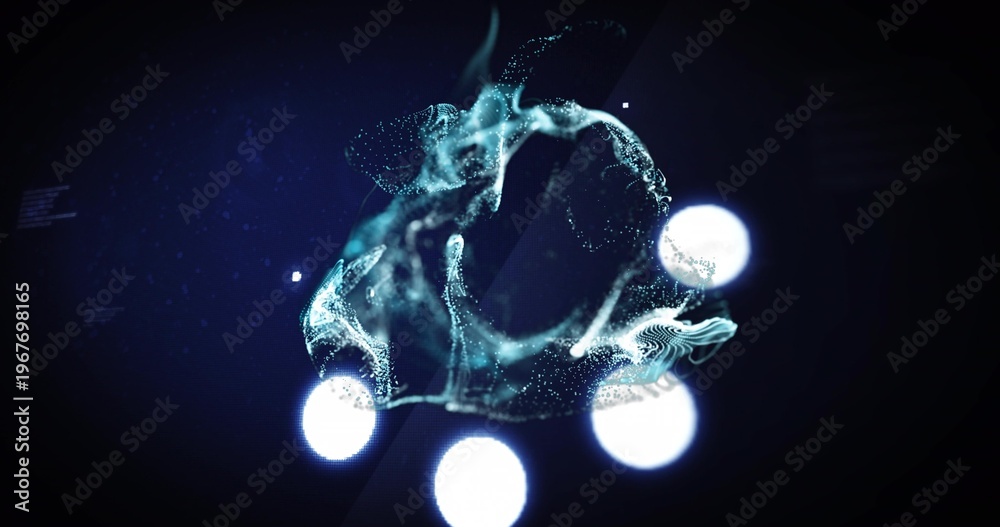 Fototapeta premium Swirling blue-green particle cloud twisting in dark studio, with three white orbs and left glyphs
