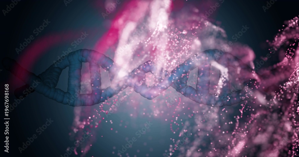 Fototapeta premium Floating blue DNA double helix spiraling in dark teal-to-black backdrop, with pink particle clouds