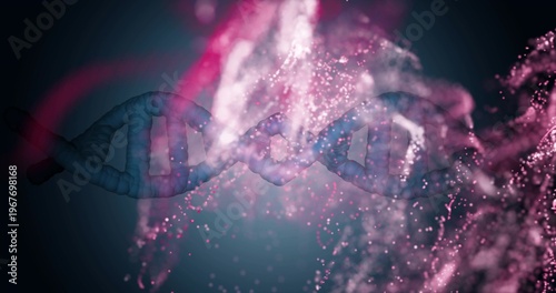 Floating blue DNA double helix spiraling in dark teal-to-black backdrop, with pink particle clouds