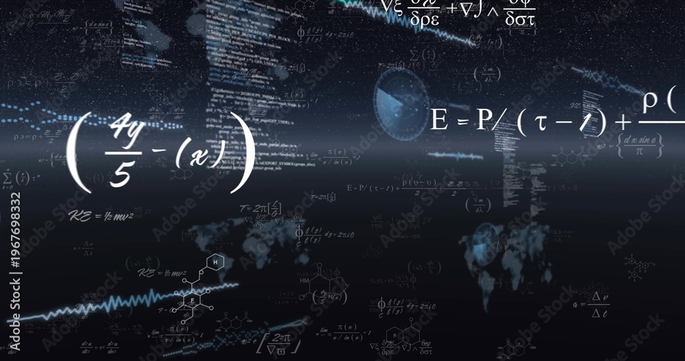Fototapeta premium Floating formula cluster drifting in starfield visual, with globe integrals molecules and waveforms