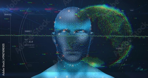 Scanning 3D digital bust showing glowing dots and scanline at virtual console with particle globe