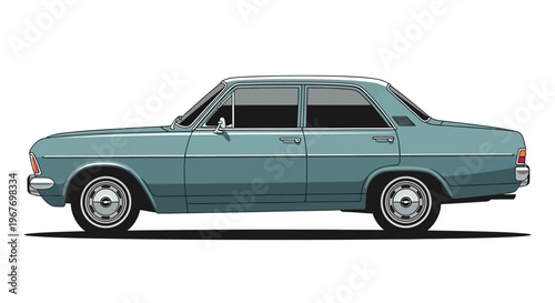 A clean illustration of a vintage blue sedan on a white background.