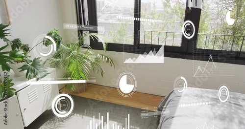 Sitting palm in basket casting shadows on floor in bedroom corner by black window, HUD overlays