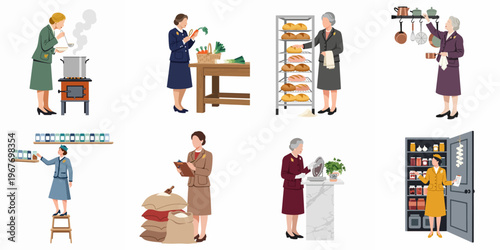 Set of flat vector illustrations featuring women in vintage uniforms performing kitchen tasks, including cooking, baking, organizing pantry, and checking inventory.