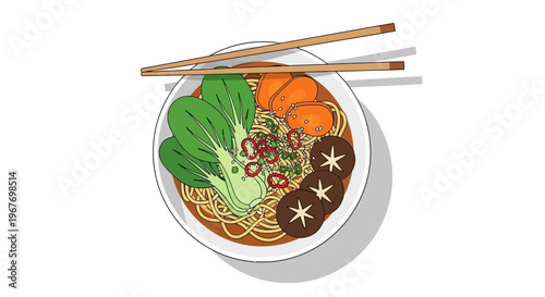 Top view of a colorful ramen bowl with chopsticks