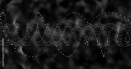 Showing central horizontal dotted waveform pulsing on deep black field, with point-cloud nodes