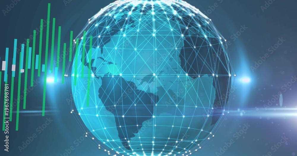 Naklejka premium Rotating mesh globe showing Americas nodes on blue gradient with waveform bars and light dots
