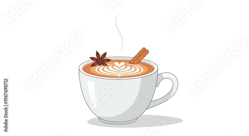 A cozy spiced chai latte with delicate latte art and steam.