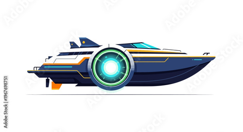 A sleek, futuristic luxury yacht with advanced technology on a white background.