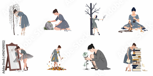 Collection of illustrations depicting female mental health issues, sadness, and emotional pain through symbolic scenes with a ballerina in tattered clothing.