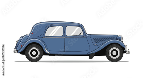 A blue vintage car illustration on a white background.