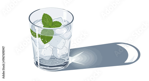 Refreshing mint water with ice in a clear glass on white background.