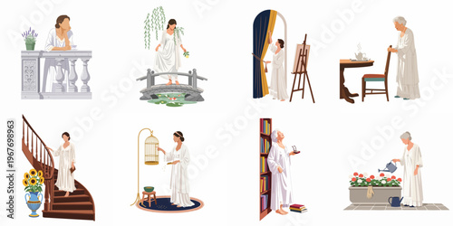 Set of elegant flat illustrations featuring women in white robes engaged in serene morning activities like reading, gardening, painting, and enjoying tea at home.
