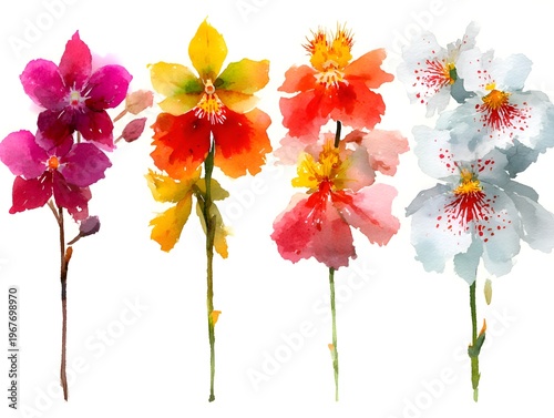 Four delicate watercolor orchid stems in vibrant colors displayed against a clean white background in a minimalist art style that feels fresh.