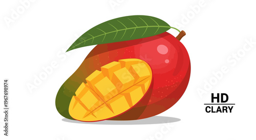 Vibrant sliced mango fruit with leaf on white background.