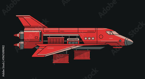 Stylized red space cargo ship with containers ready for futuristic transport.
