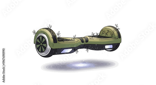 Eco-friendly hoverboard floating with magical starry dust on a white background.