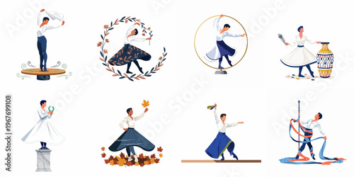 Set of artistic male dancer illustrations in various symbolic and expressive poses, wearing traditional-style costume, isolated on a white background.