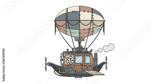 Steampunk airship with propellers and smoke puffs.