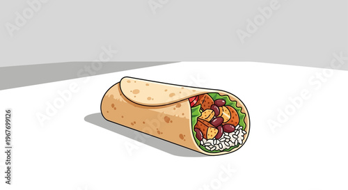 Illustration of a delicious cartoon burrito with rice, beans, and chicken