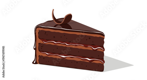 A slice of rich chocolate cake with ganache icing.