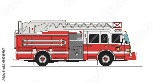Red fire engine with ladder on white background.