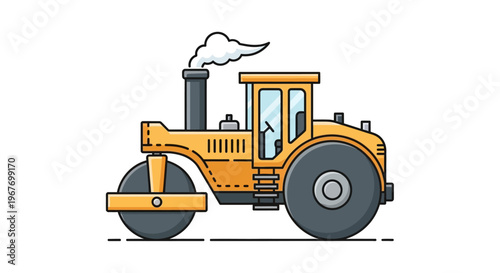 Yellow steamroller with smoke coming from chimney