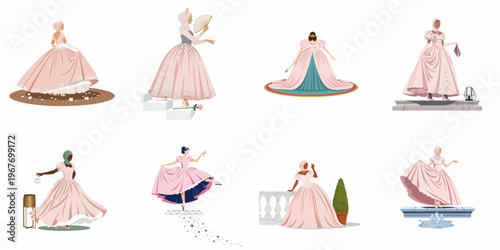 Set of Eight Elegant Illustrations of Diverse Women in Voluminous Pink Ball Gowns, Including Hijab Options, in Various Graceful Poses and Settings.