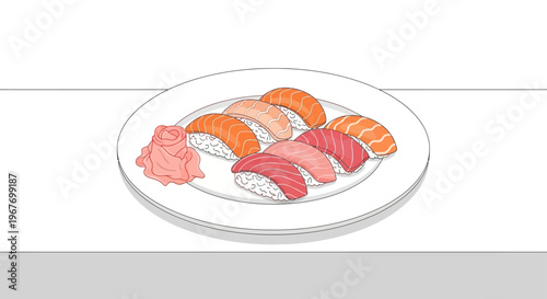 A plate of assorted sushi with pickled ginger.