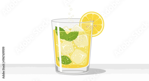 Refreshing glass of lemonade with ice and mint.