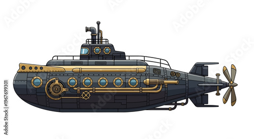 Whimsical Steampunk Submarine in Cartoon Style
