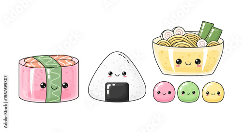 Cute Kawaii Japanese Food Collection Sushi, Onigiri, Ramen, and Mochi with Happy Faces