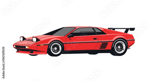 Red retro 80s sports car with pop-up headlights isolated on white vector illustration.