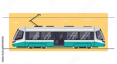 Modern city tram on yellow background in flat design style.