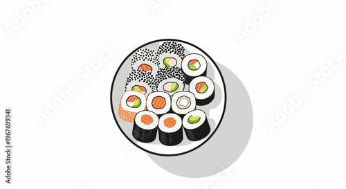 A fresh and healthy platter of traditional Japanese sushi and maki rolls.