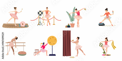 Collection of Elegant Ballerina Illustrations in Various Poses and Stage Settings with Artistic Props