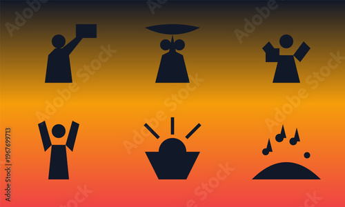 Hand-drawn minimalist silhouettes of enthusiastic sports fans and energetic match elements on a vibrant sunset gradient authentic illustration