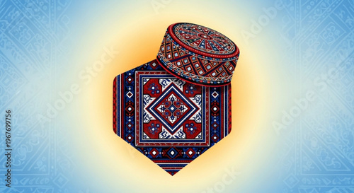 Vibrant textile with intricate patterns and a matching cylindrical hat on a gradient background