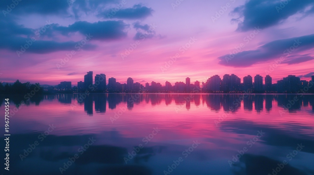 Fototapeta premium Cityscape silhouette reflecting on the water at sunset