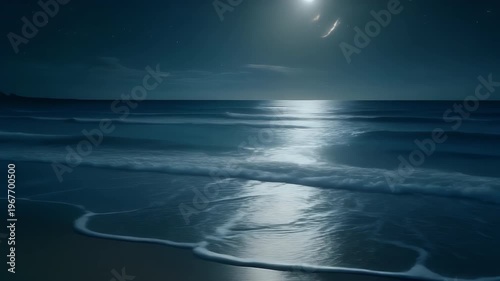 Serene Seaside Night Tracking Shot with Ethereal Moonlight and Silvery Waves