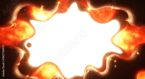 Vibrant orange and yellow flames with bright white light on dark background abstract fiery explosion or energy burst