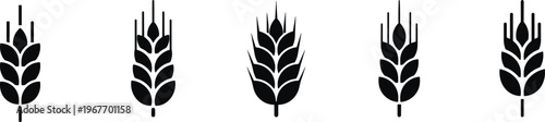 Collection of wheat ear silhouettes and grain icons featuring organic stalk designs for agricultural branding, bakery logos, natural food packaging, and harvest festival decorative elements.