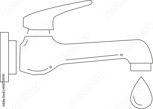 Line art illustration of a dripping tap, representing water conservation and plumbing issues with a single drop of water falling