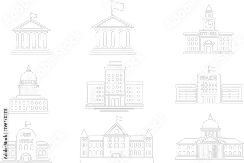 Various government buildings and public institutions in one line style  city hall police station post office