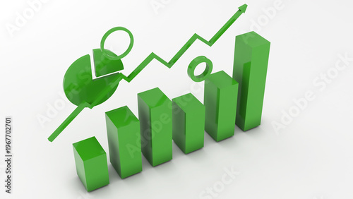 The investment bar graph features green bars and an upward-pointing arrow on a white background. ,3d rendering