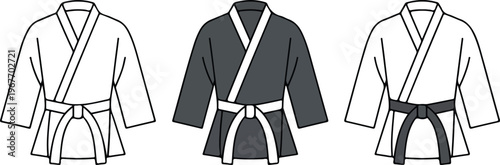 Minimalist vector set of karate gi uniform icons featuring outline silhouette and black flat color design styles for martial arts and sport projects.