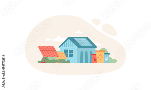 Green eco house with solar energy panels. Renewable home as small ecology scene with recycle bin and clean environment accents. Modern green energy icon in flat style for sustainable concept art