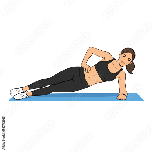 A vector illustration of a woman practicing yoga in a side plank pose, showing strength, balance, and focus, representing fitness and a healthy active lifestyle.